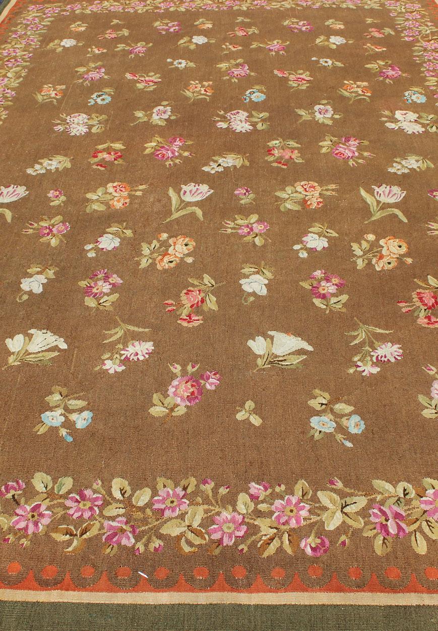 Antique European French Aubusson Rug with Rosset and Floral Design in Brown 4