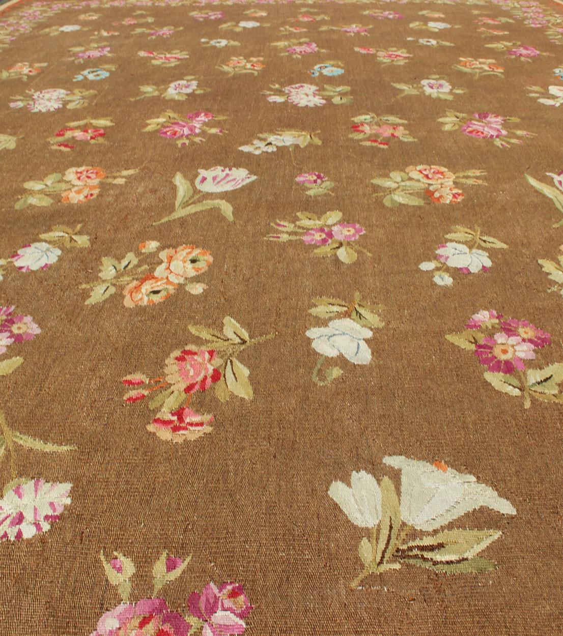 Antique European French Aubusson Rug with Rosset and Floral Design in Brown 5