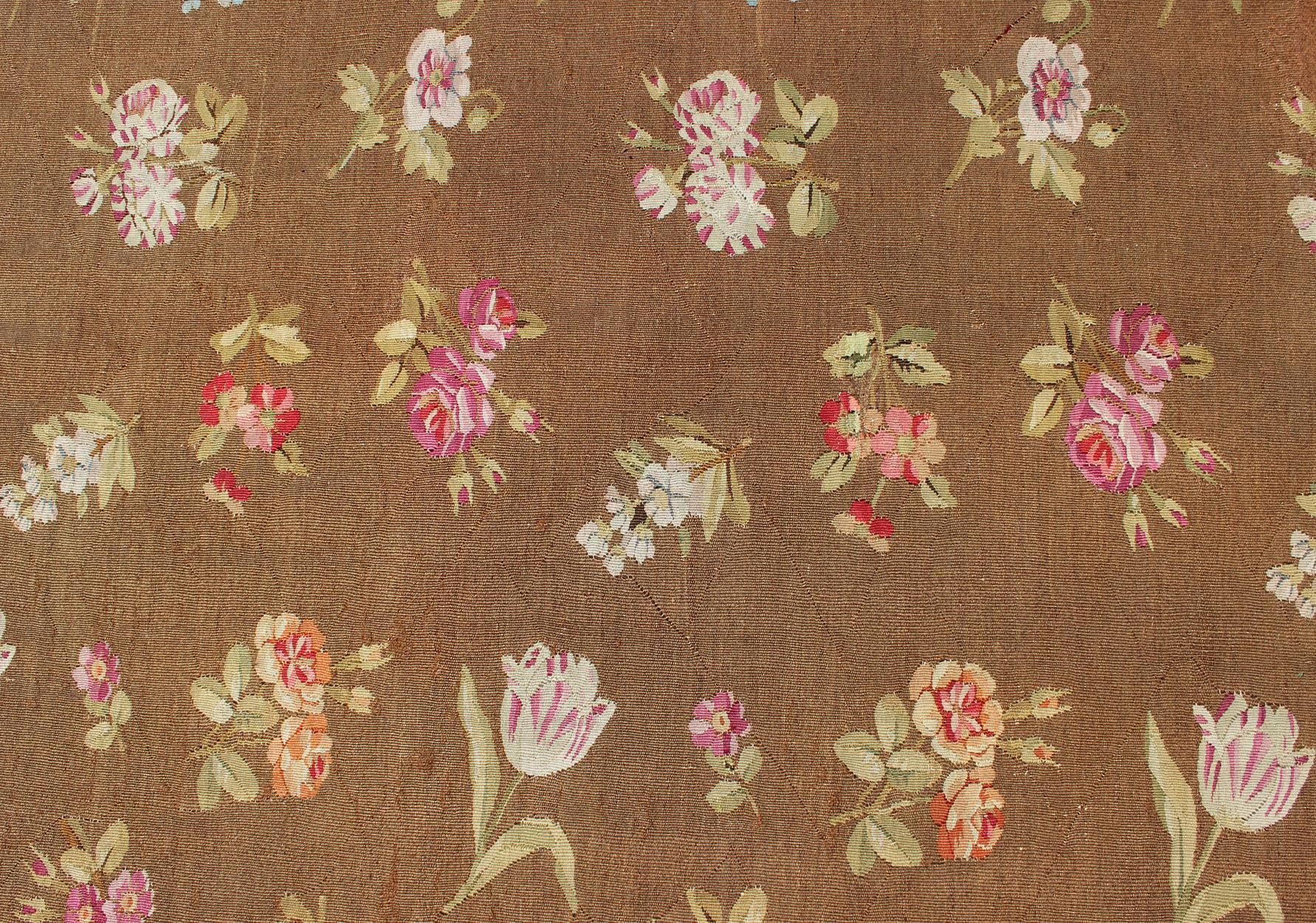 Antique European French Aubusson Rug with Rosset and Floral Design in Brown 6