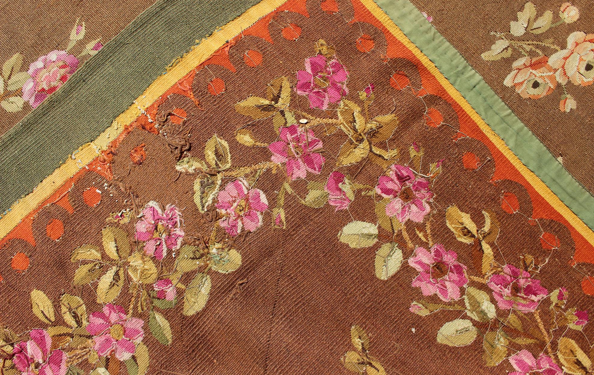 Antique European French Aubusson Rug with Rosset and Floral Design in Brown 7