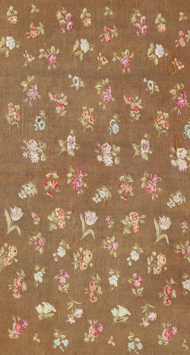 Hand-Woven Antique European French Aubusson Rug with Rosset and Floral Design in Brown