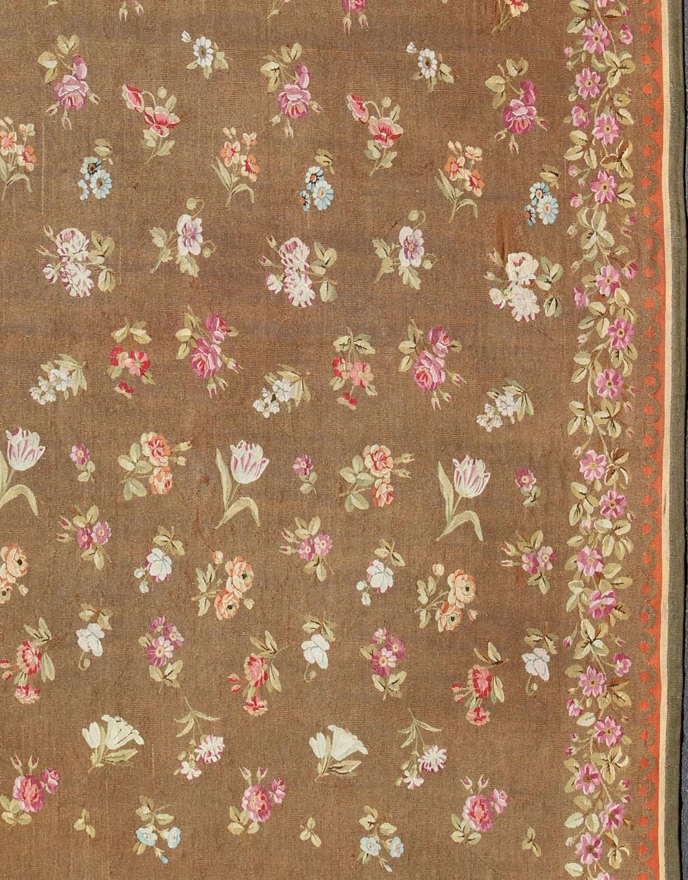 Antique European French Aubusson Rug with Rosset and Floral Design in Brown In Good Condition In Atlanta, GA