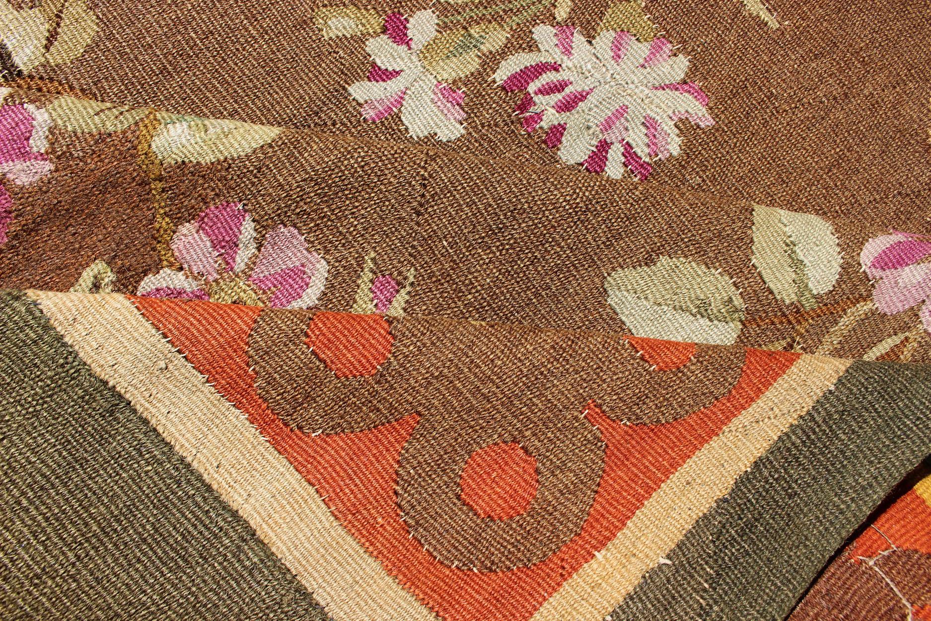 Late 19th Century Antique European French Aubusson Rug with Rosset and Floral Design in Brown