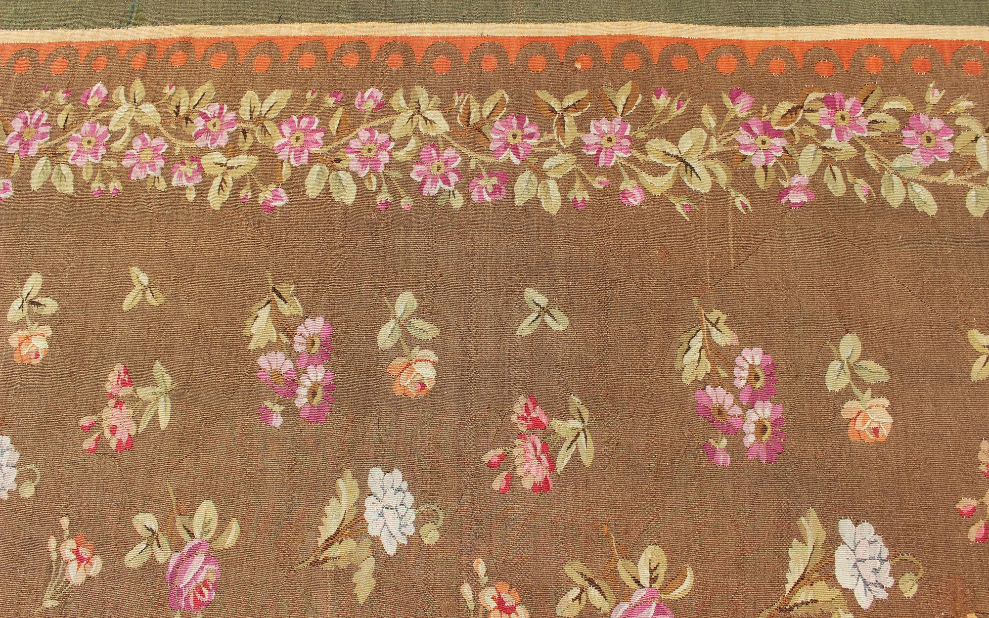 Wool Antique European French Aubusson Rug with Rosset and Floral Design in Brown