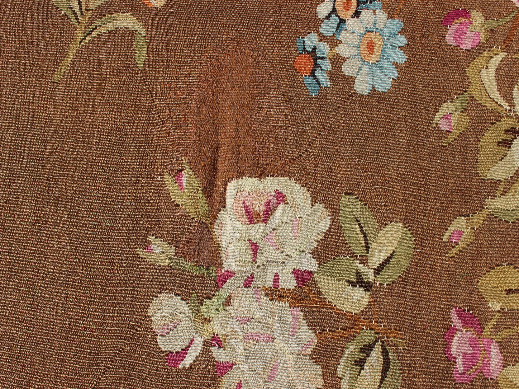 Antique European French Aubusson Rug with Rosset and Floral Design in Brown 1