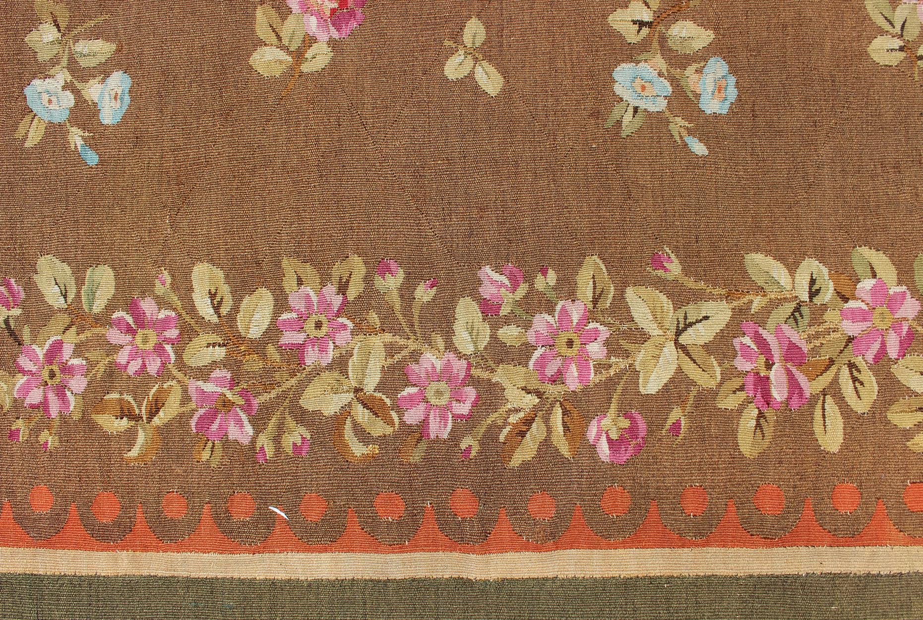 Antique European French Aubusson Rug with Rosset and Floral Design in Brown 2