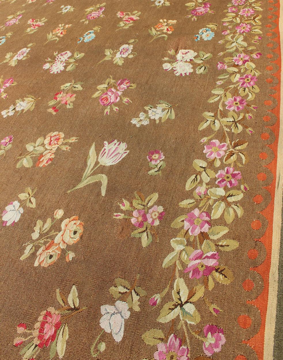 Antique European French Aubusson Rug with Rosset and Floral Design in Brown 3