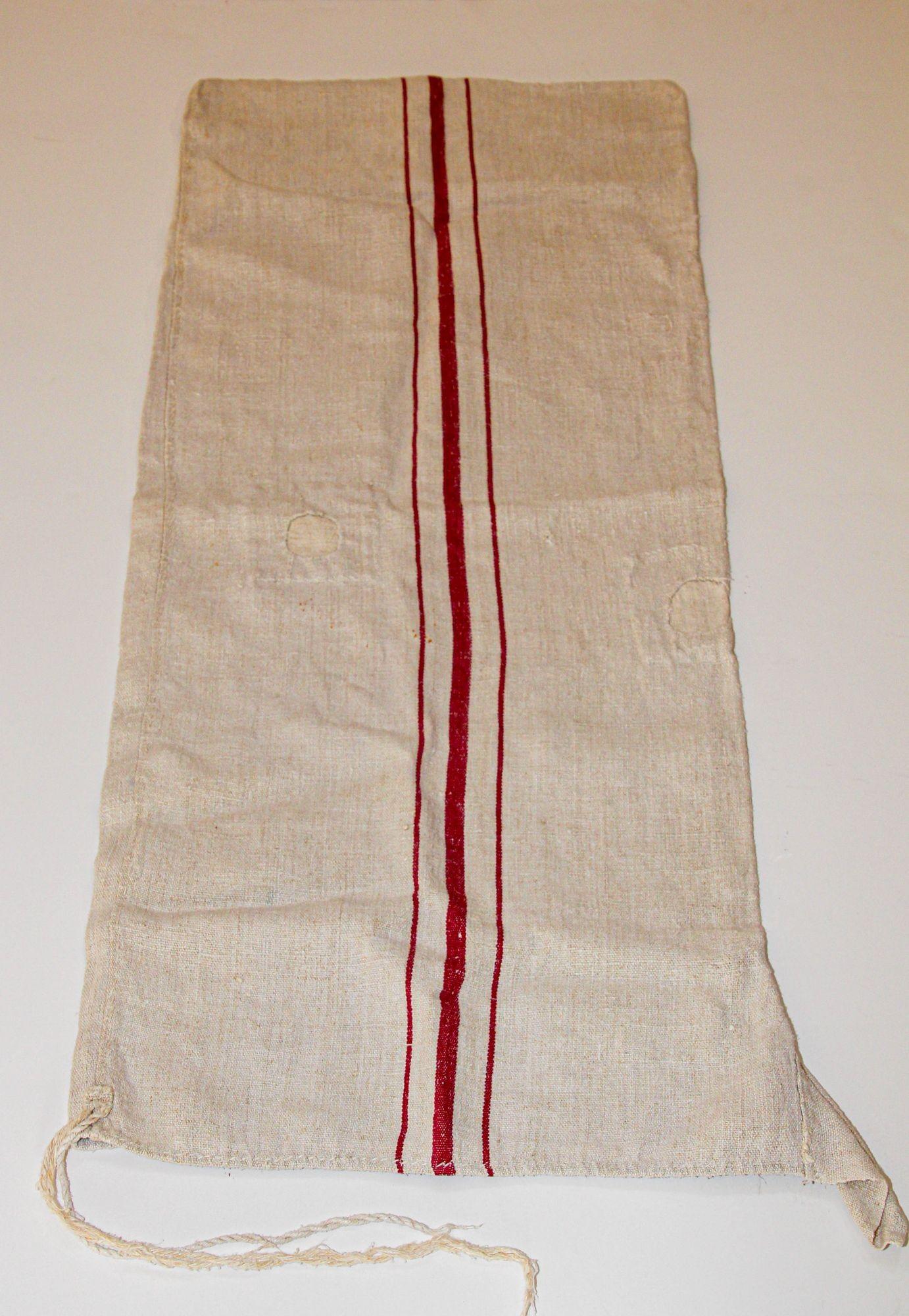 Antique European French Heavy Linen Red Stripe Grain Sack, circa 1930s For Sale 4