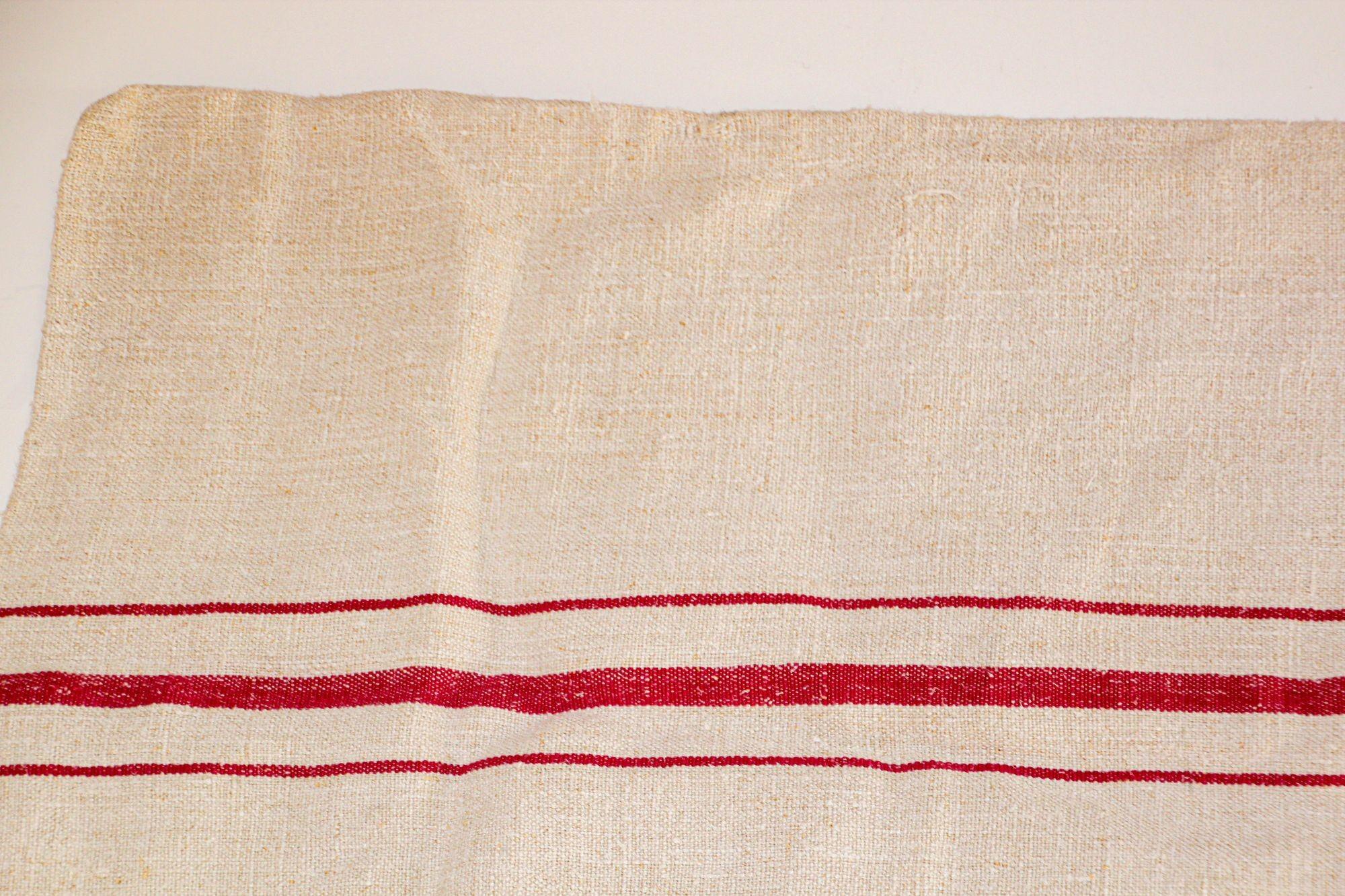 French Provincial Antique European French Heavy Linen Red Stripe Grain Sack, circa 1930s For Sale