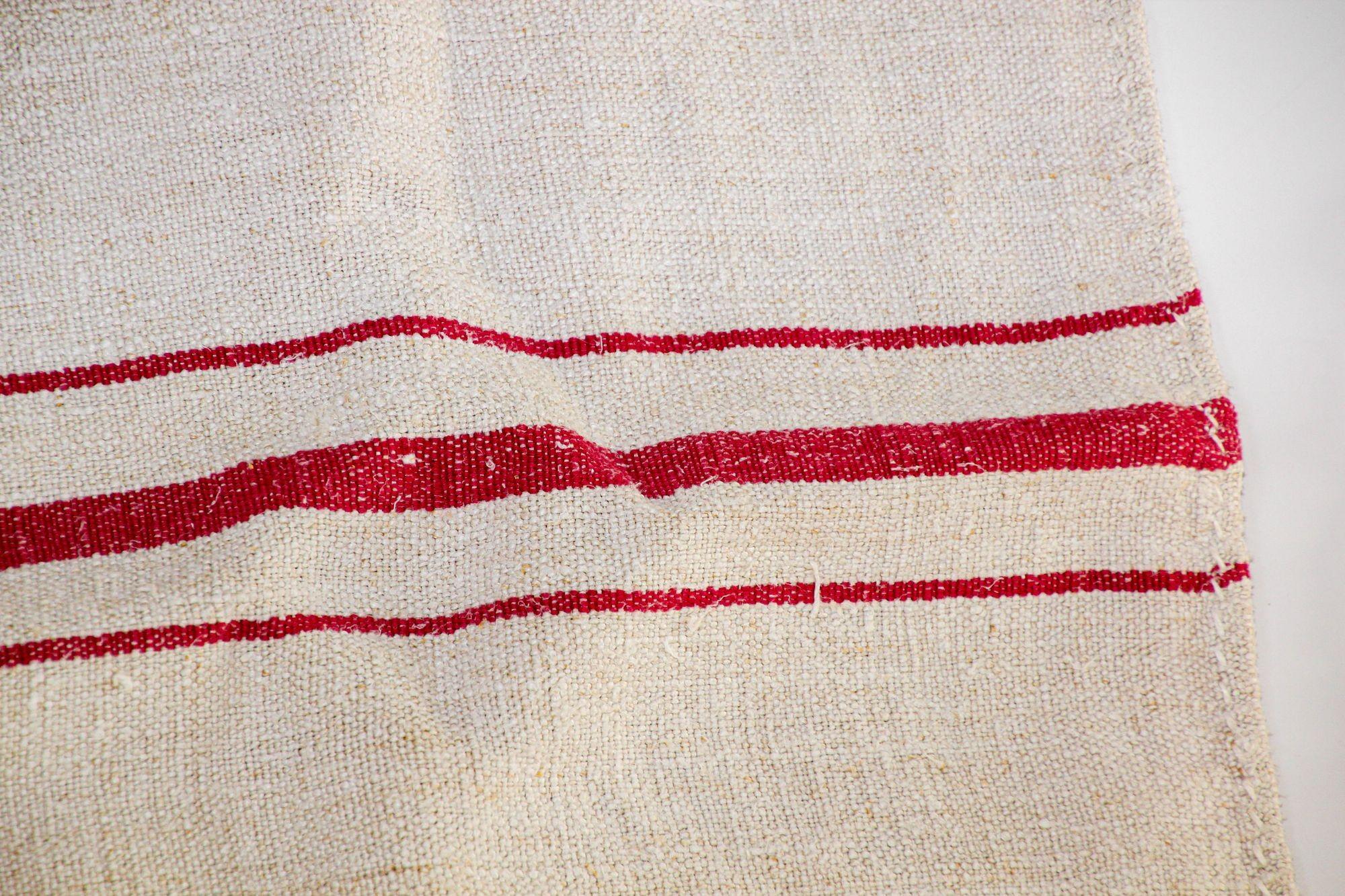 20th Century Antique European French Heavy Linen Red Stripe Grain Sack, circa 1930s For Sale