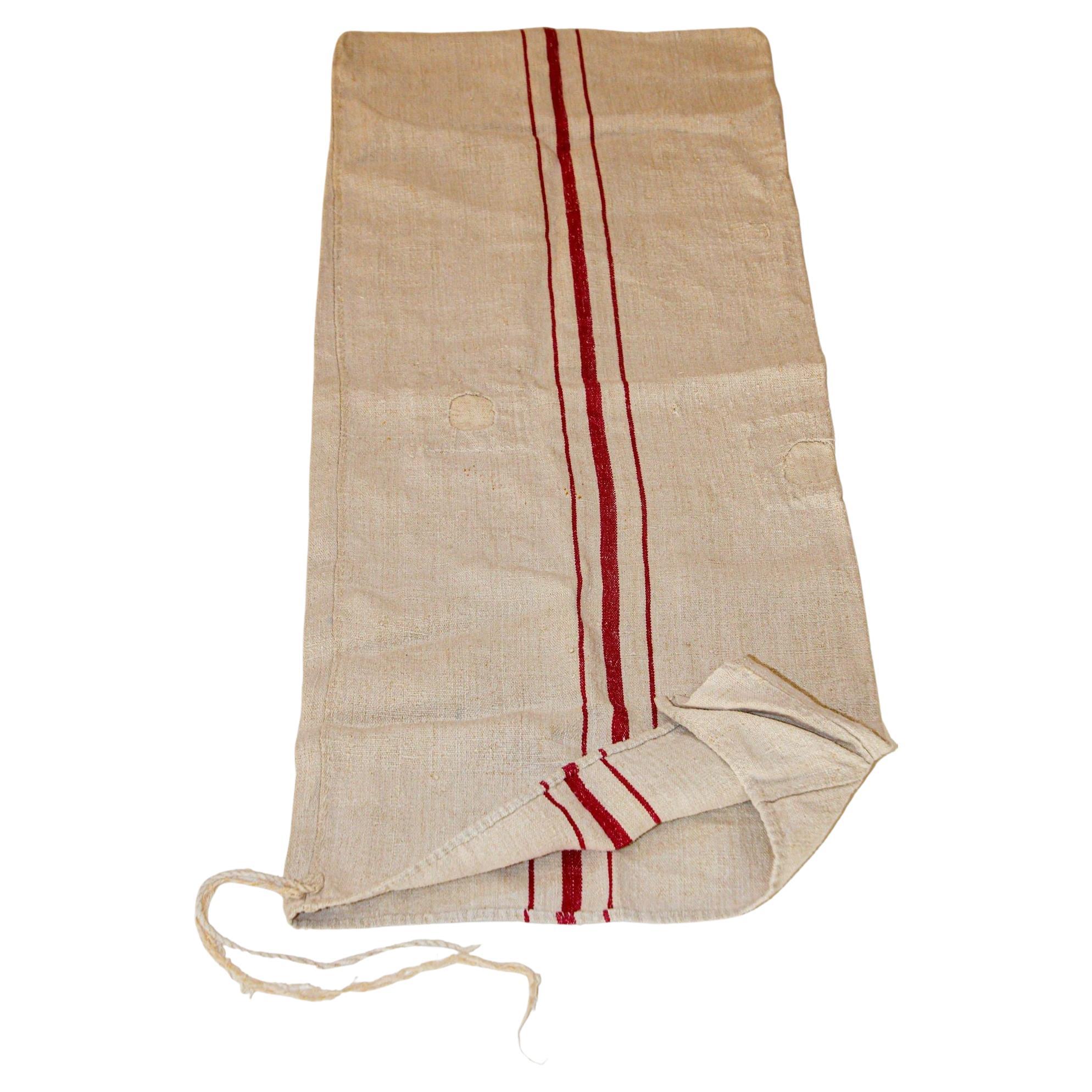 Ancien sac à grains européen en lin lourd à rayures rouges, vers les années 1930