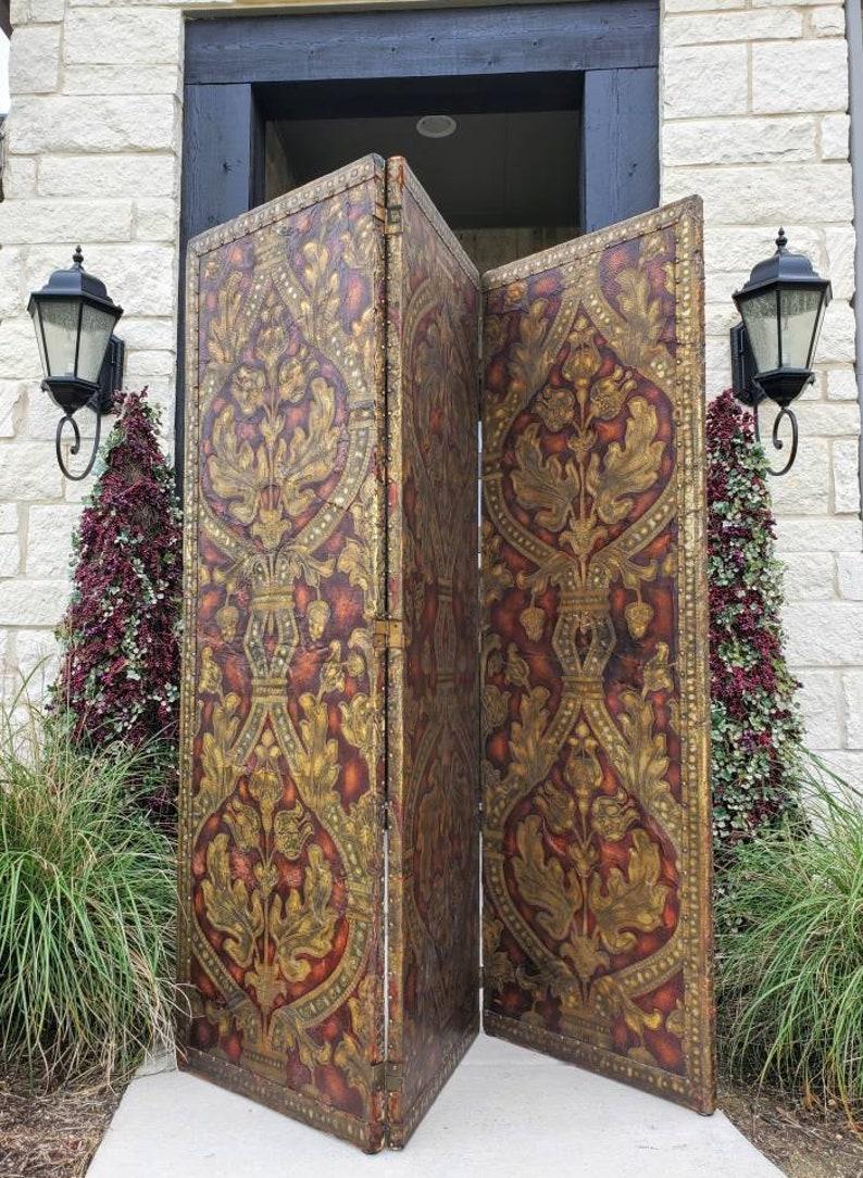 Antique European Gilt Embossed Leather Folding Room Divider In Fair Condition In Forney, TX
