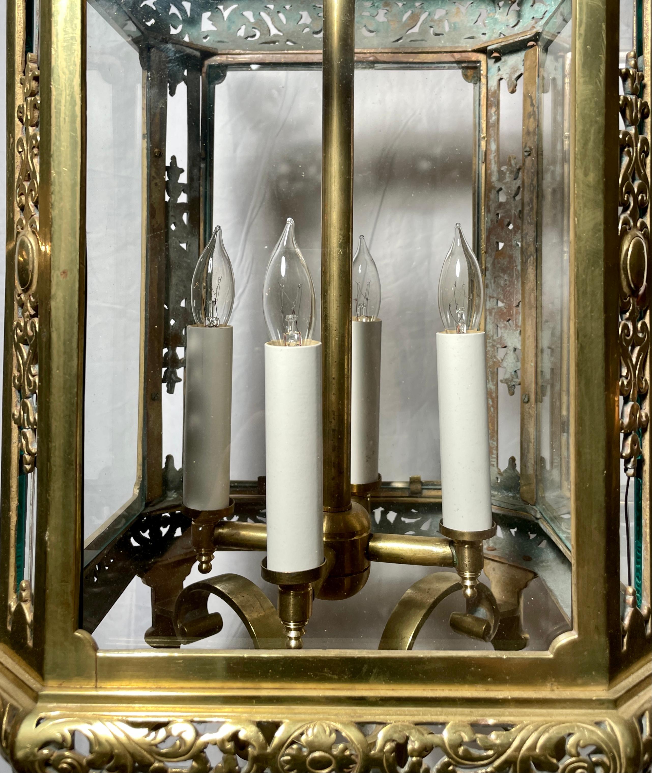 Antique European Gold Bronze 4 Light Lantern, Circa 1890 In Good Condition For Sale In New Orleans, LA
