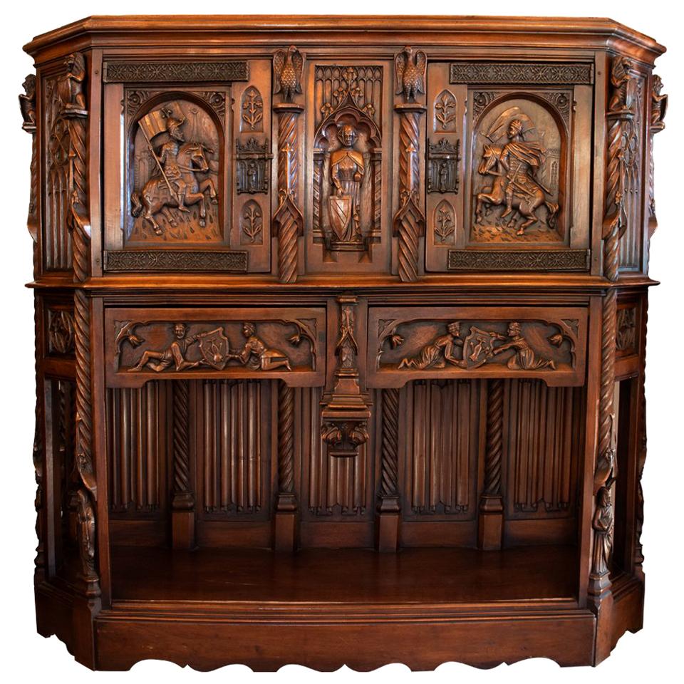 Antique European Gothic Hand Carved Walnut Cabinet