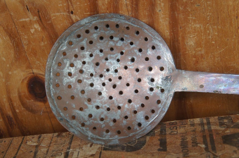 Antique European Hammered Copper Straining Spoon Ladel Skimmer Spatula