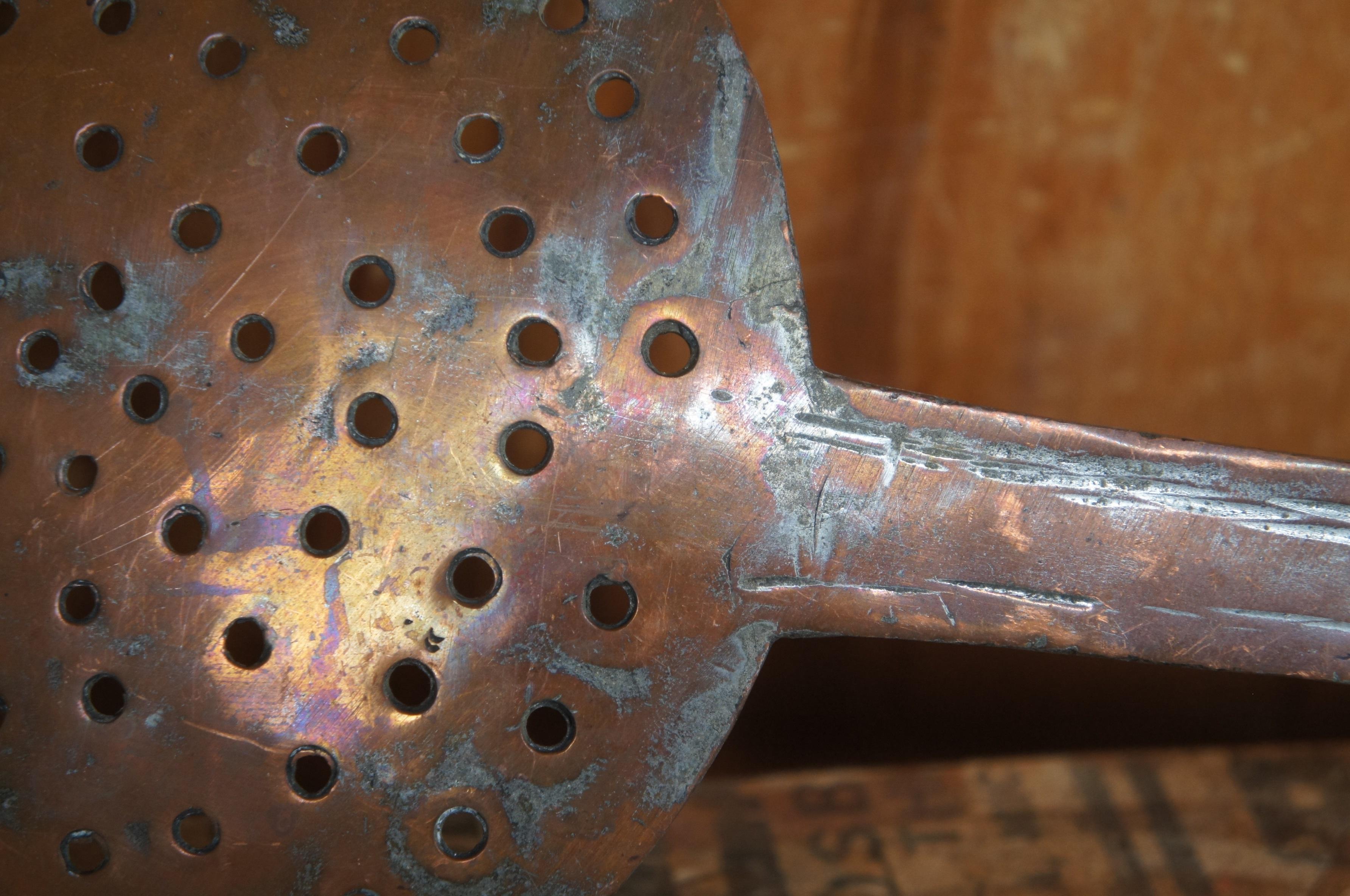 19th Century Antique European Hammered Copper Straining Spoon Ladel Skimmer Spatula