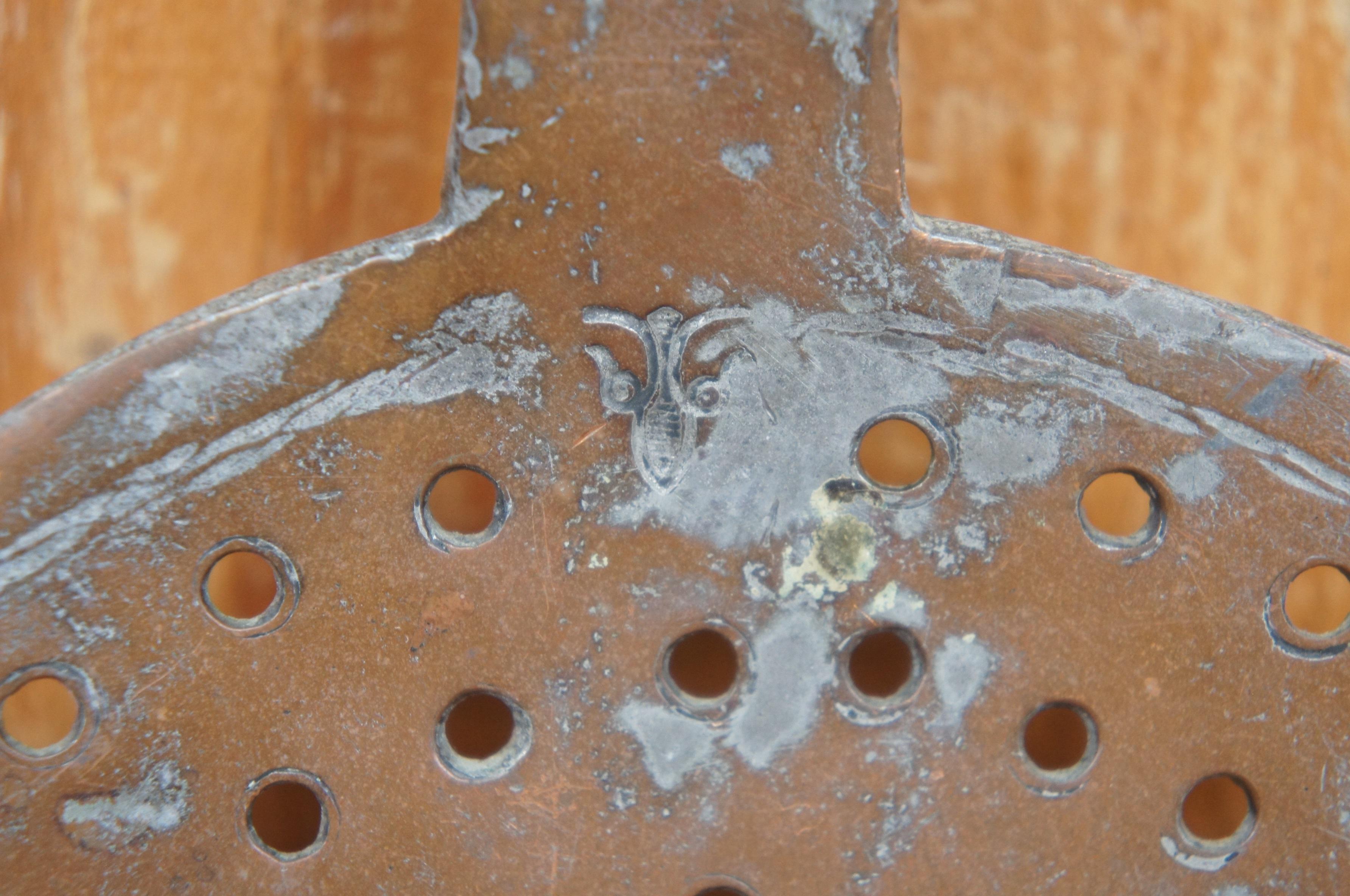 Antique European Hammered Copper Straining Spoon Ladel Skimmer Spatula 1