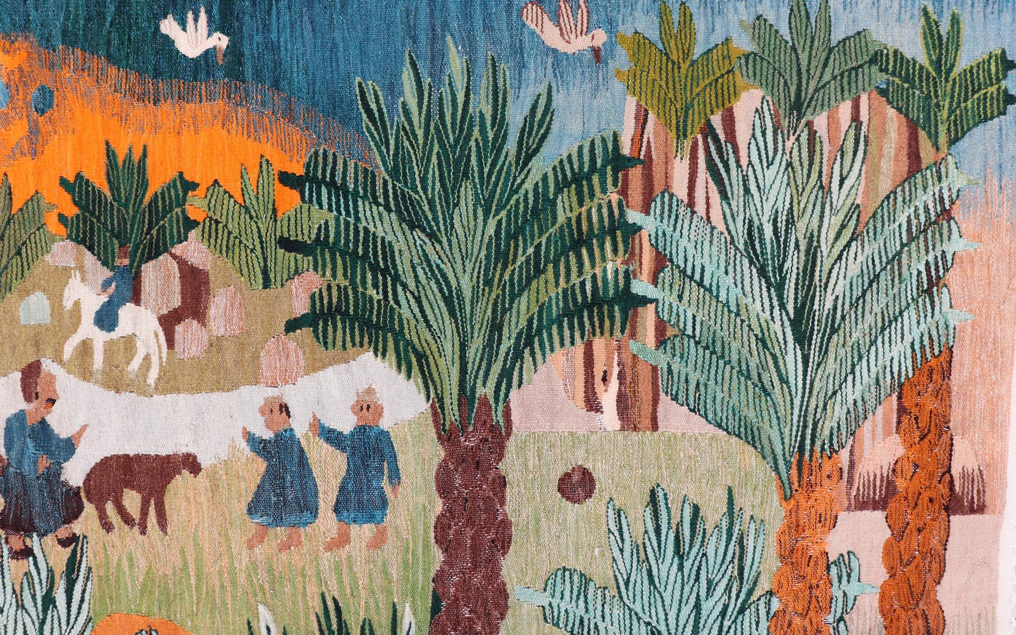 Tissé à la main Ancienne tapisserie européenne tissée à la main représentant une palmeraie verdoyante 5'0 x 7'8 en vente