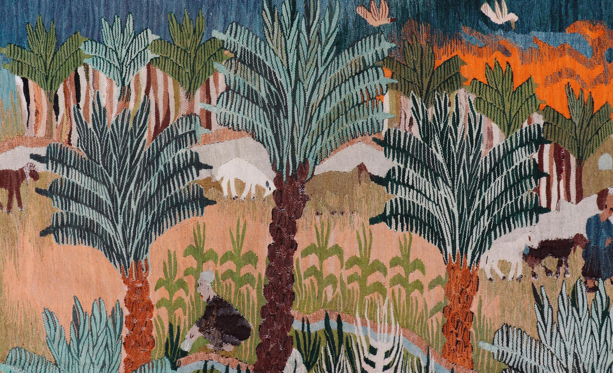 Ancienne tapisserie européenne tissée à la main représentant une palmeraie verdoyante 5'0 x 7'8 Bon état - En vente à Atlanta, GA