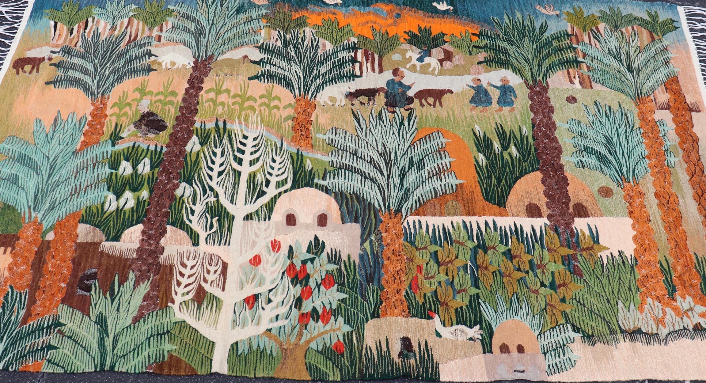 Laine Ancienne tapisserie européenne tissée à la main représentant une palmeraie verdoyante 5'0 x 7'8 en vente