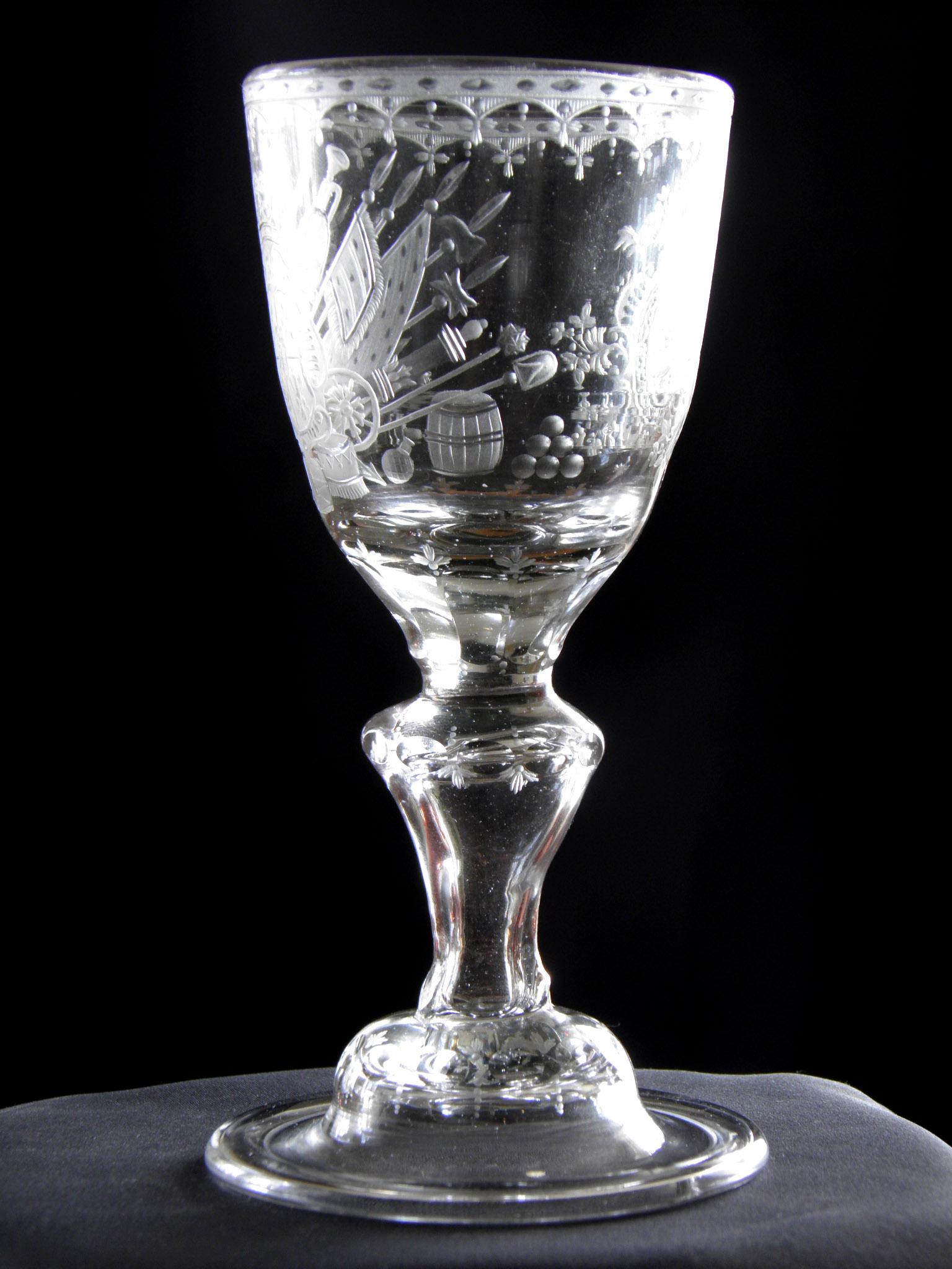 Antique historical crystal glass Goblet Augustus Rex 18th century
Historical hand blowed goblet from 18th century. Decorated with engraved emblem with army attributes and A.R. monogram (Augustus Rex). Engraving typical for 18th century. Beautiful