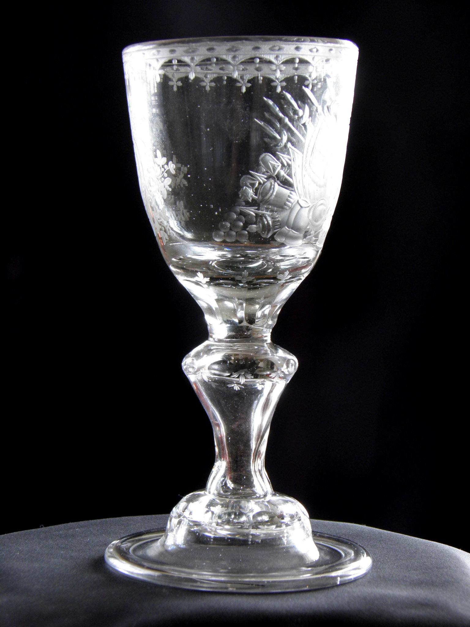 Engraved Antique European Historical Crystal Glass Goblet Augustus Rex, 18th Century