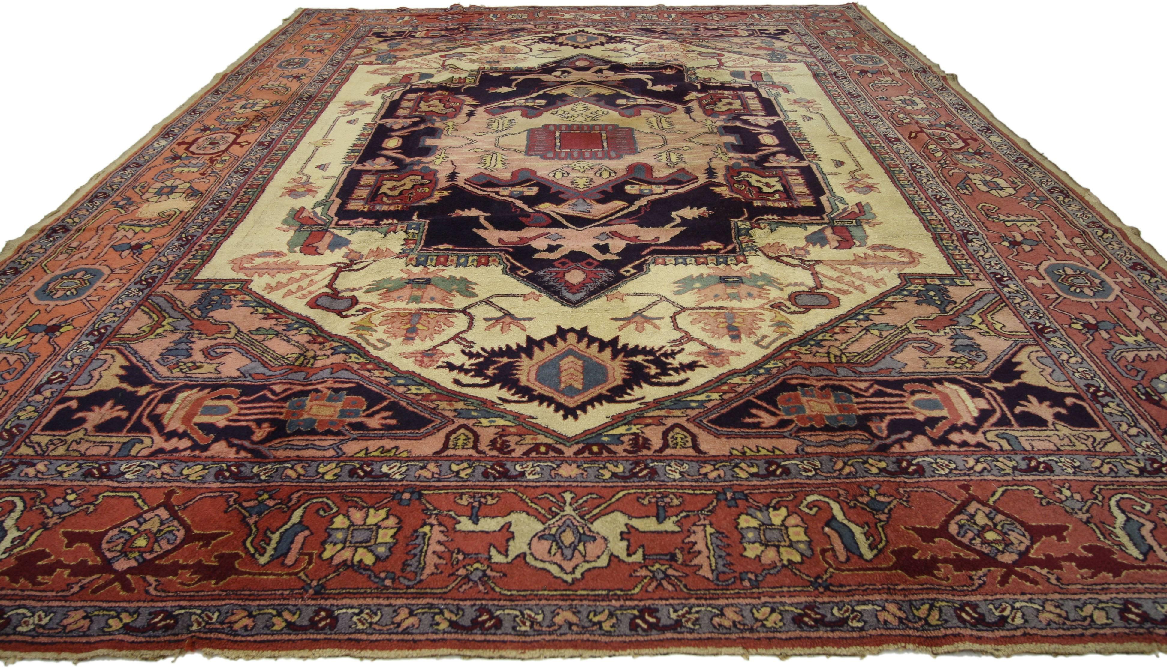 French Antique European Hook Rug in Traditional Persian Serapi Design For Sale