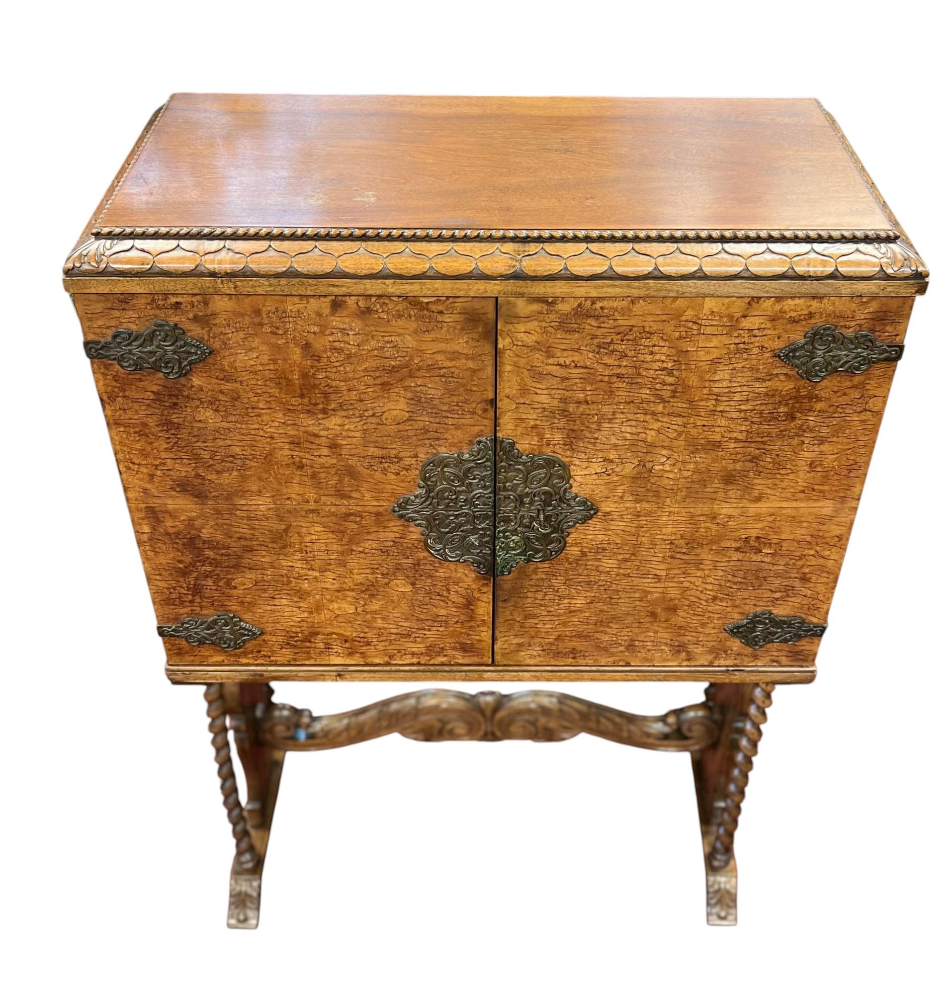 Veneer Antique European Iberian Cabinet with Barley Twist Legs For Sale