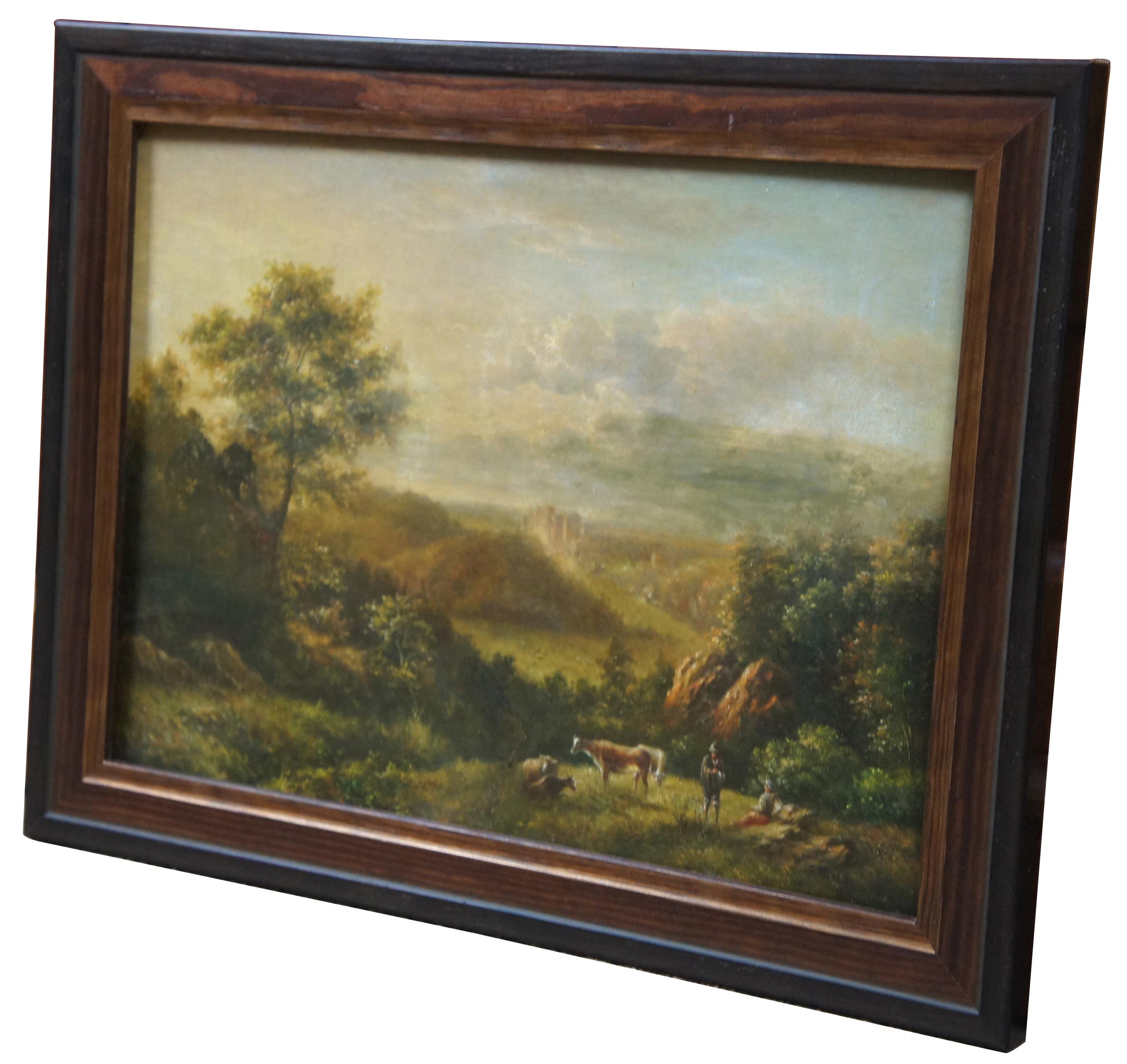 A lovely antique European oil on board. Features two figures and cattle in a rural landscape with a castle or cheateau in the background. Measures: 18