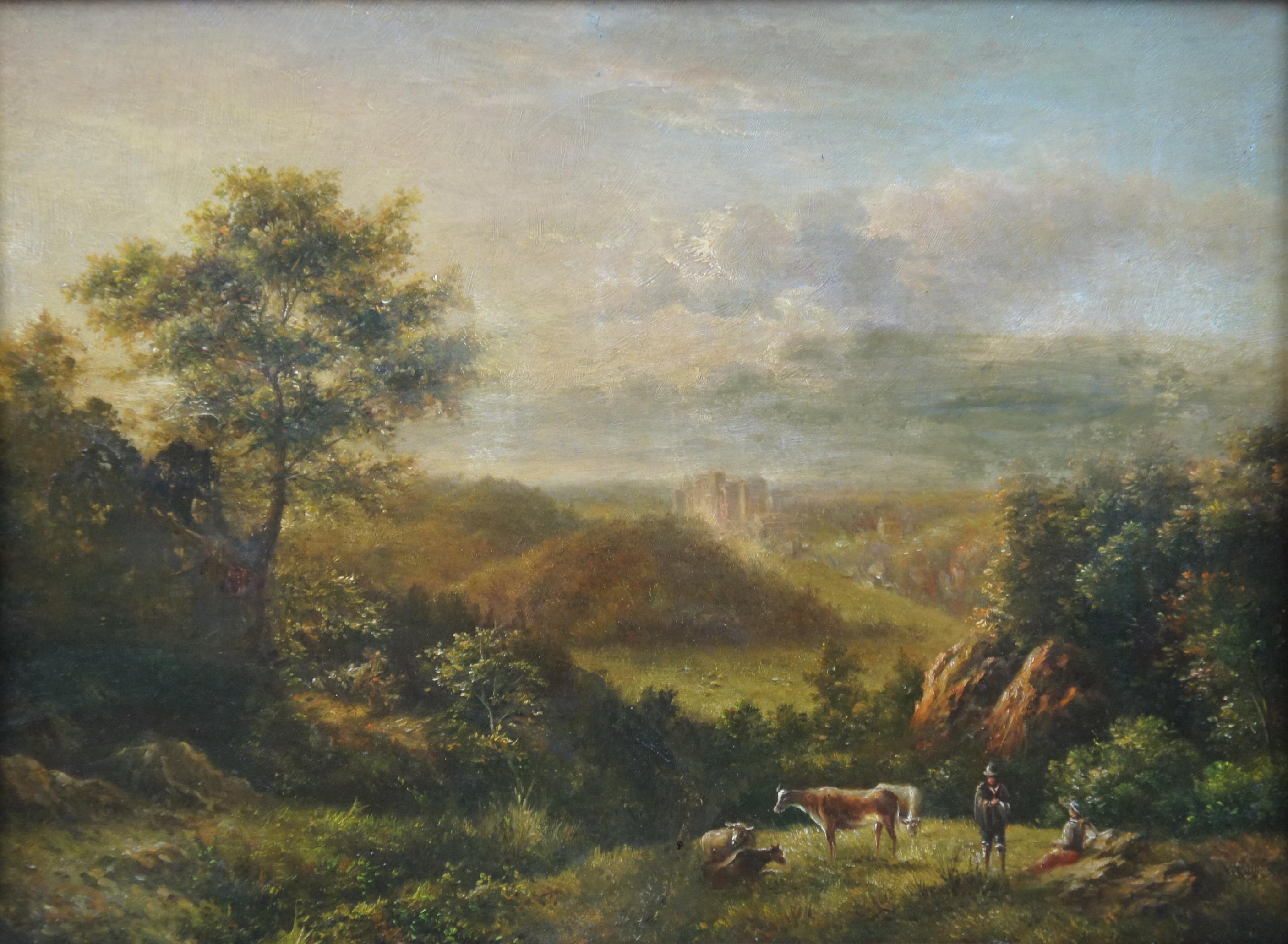 19th Century Antique European Landscape Oil Painting on Board Countryside Cattle Farm Cow
