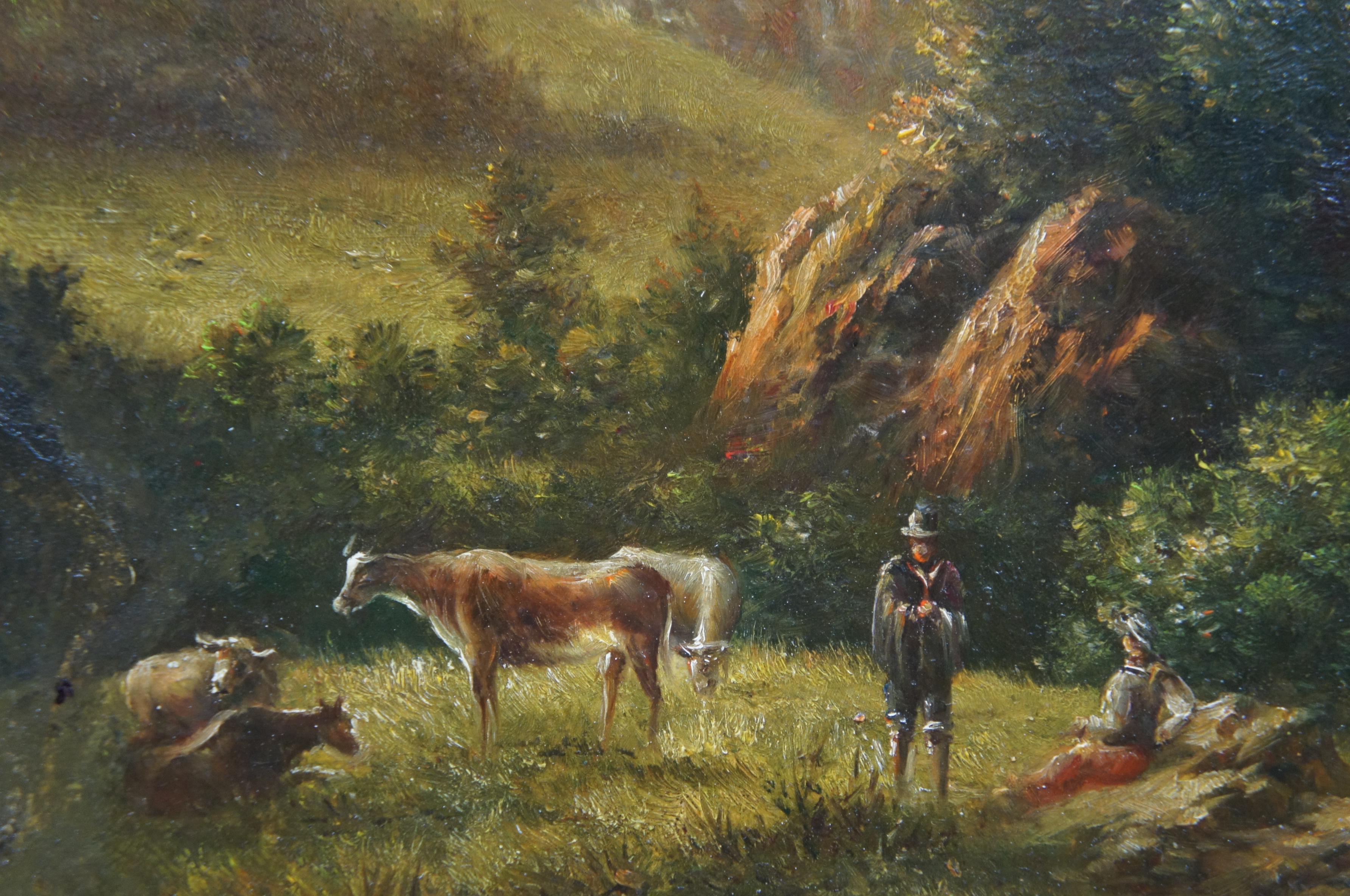 Antique European Landscape Oil Painting on Board Countryside Cattle Farm Cow 1