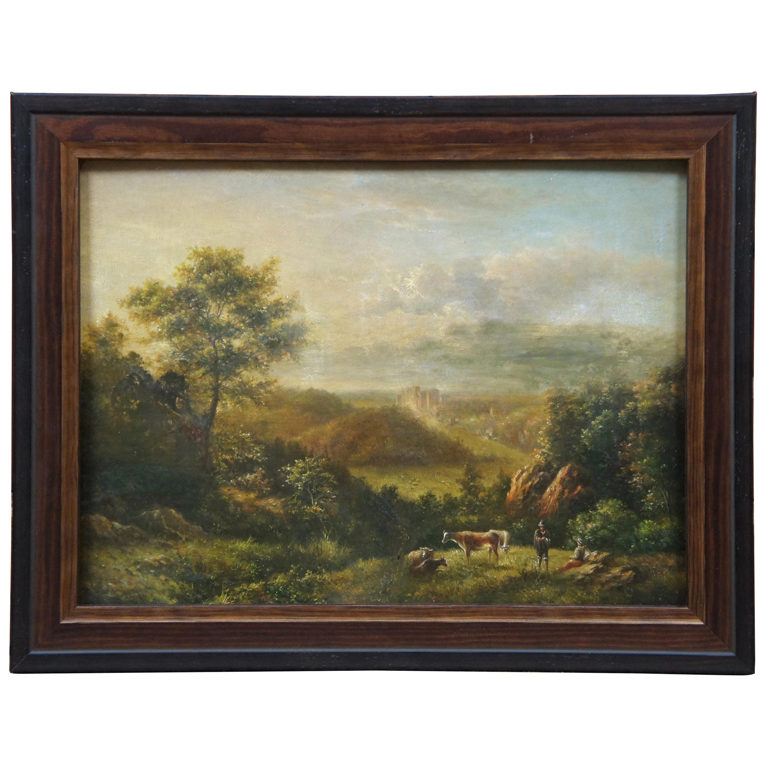 Antique European Landscape Oil Painting on Board Countryside Cattle Farm Cow