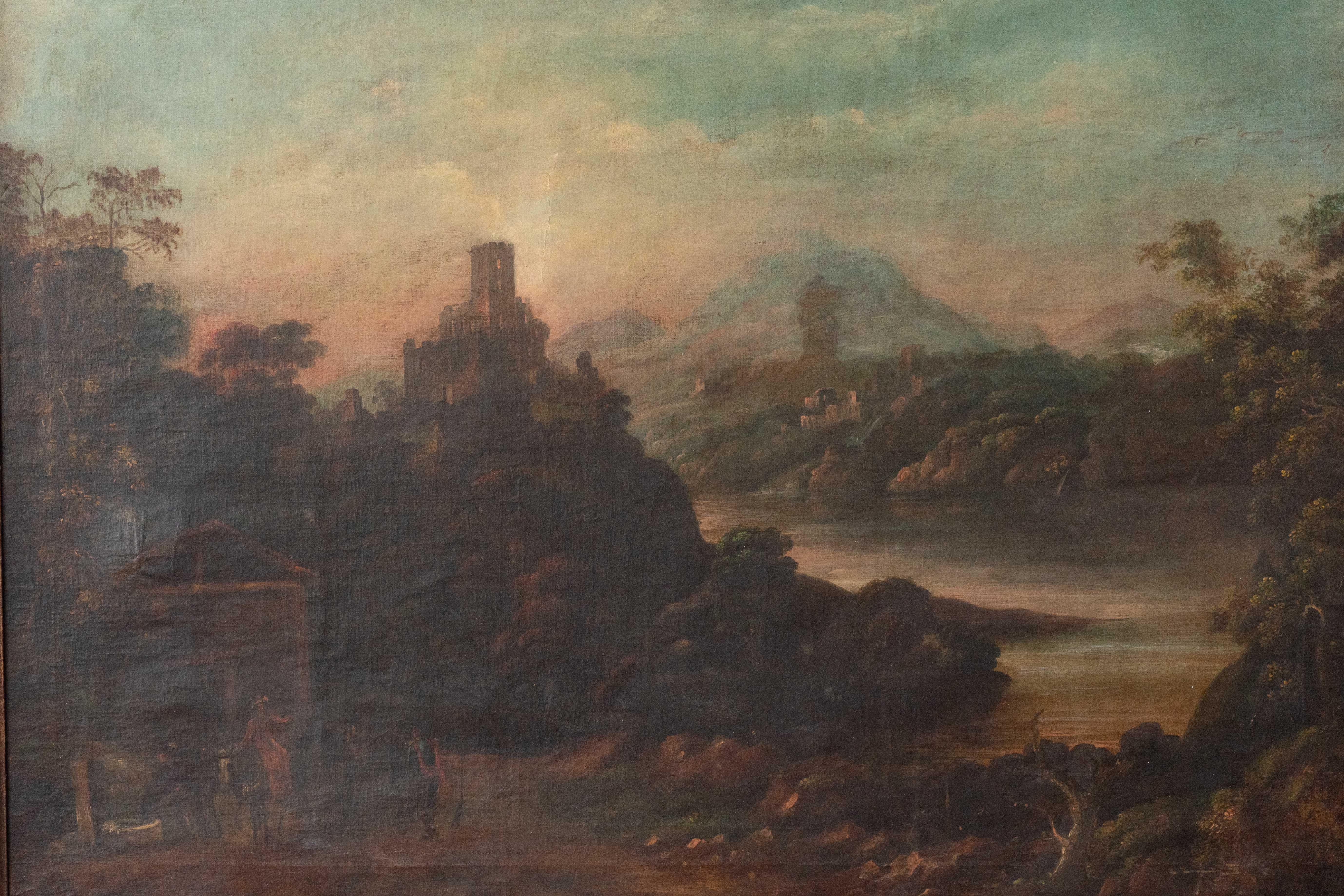 Northern Europe, mid to late-19th century. An atmospheric oil painting of a dramatic landscape, featuring a distant castle nestled among rolling hills and dense foliage. Rich, earthy tones of greens, browns, and soft oranges give the composition
