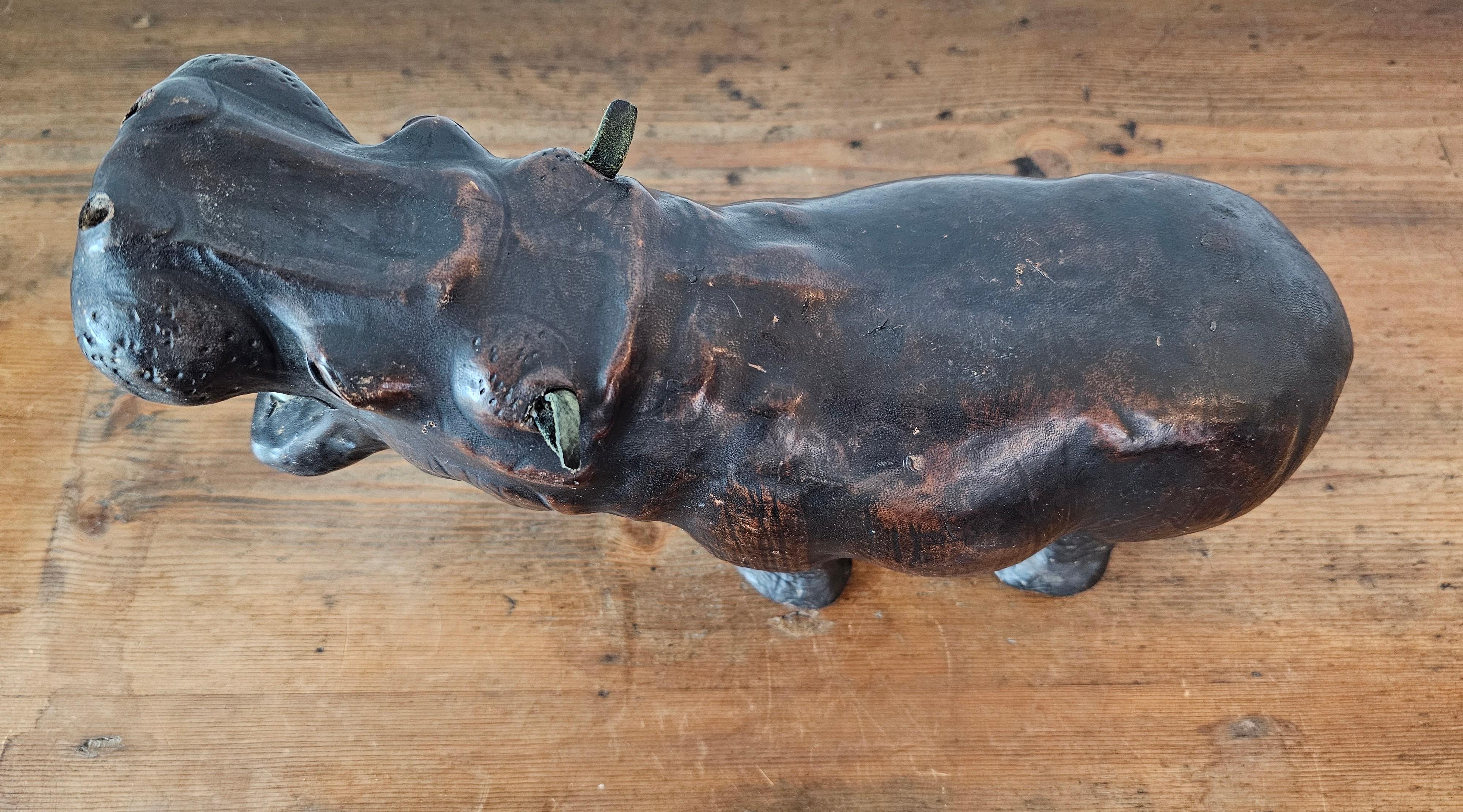 Antique European Leather Warpped Hippo Sculpture For Sale 4