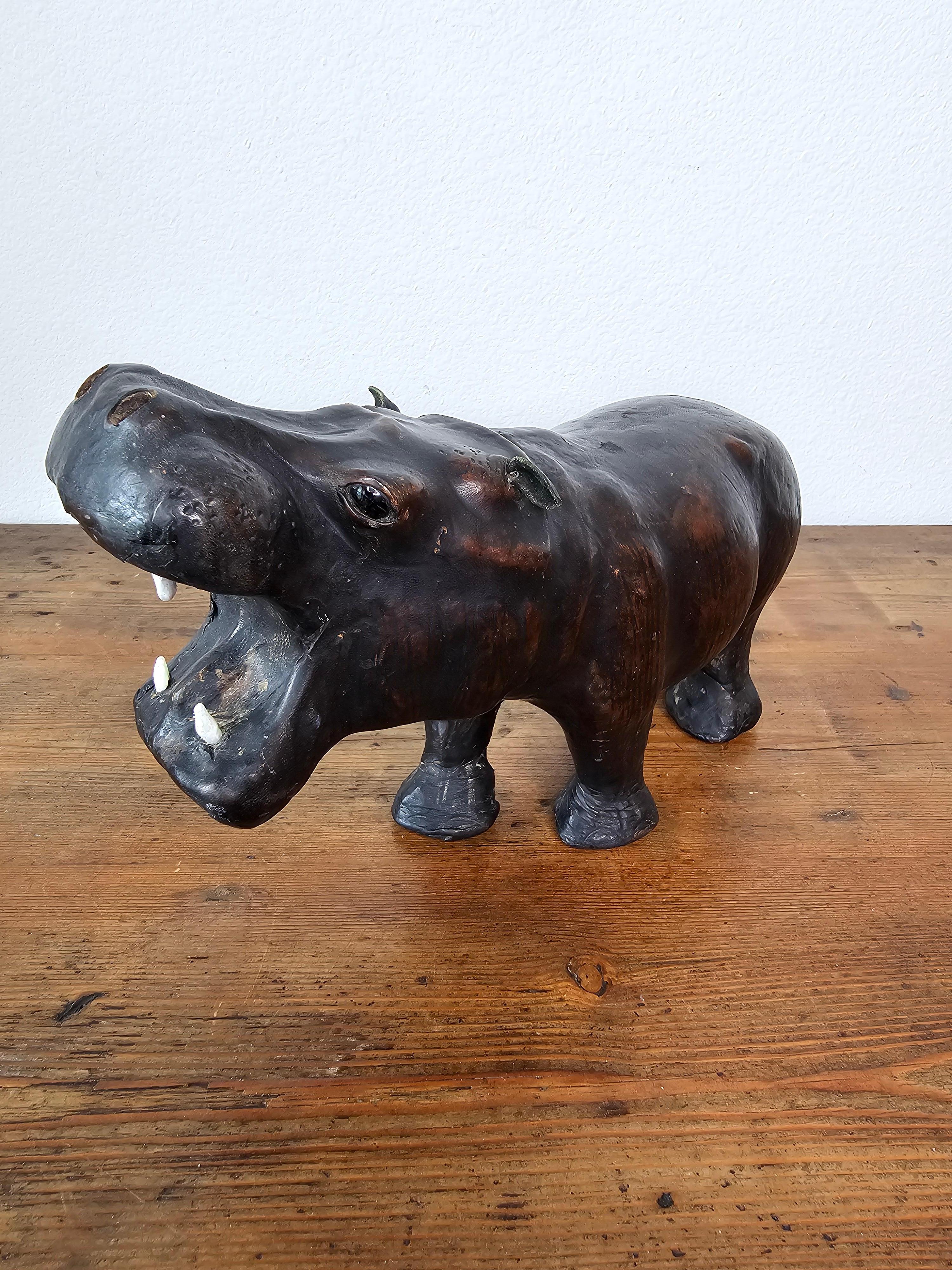Rustic Antique European Leather Warpped Hippo Sculpture For Sale