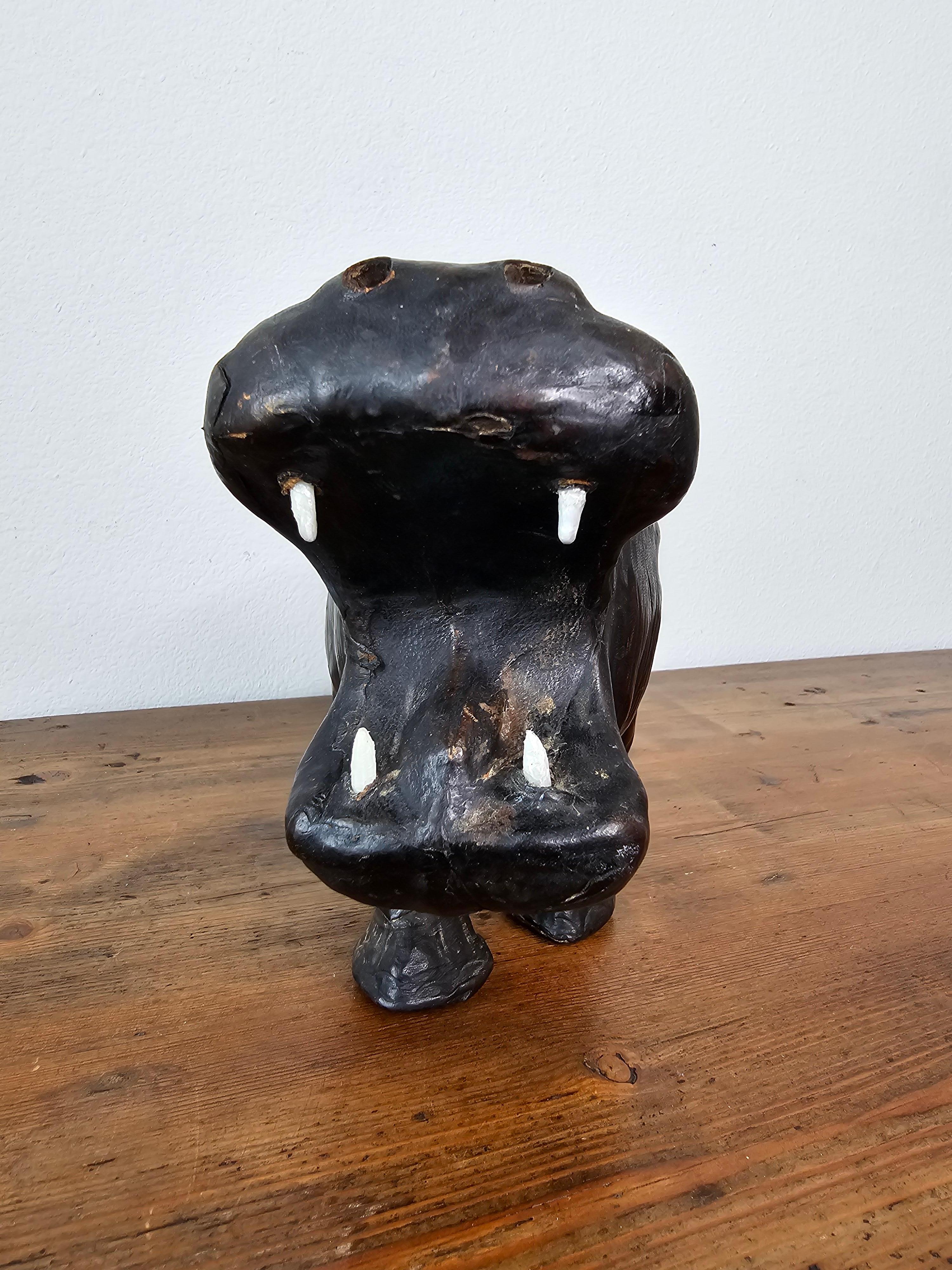 Hand-Carved Antique European Leather Warpped Hippo Sculpture For Sale
