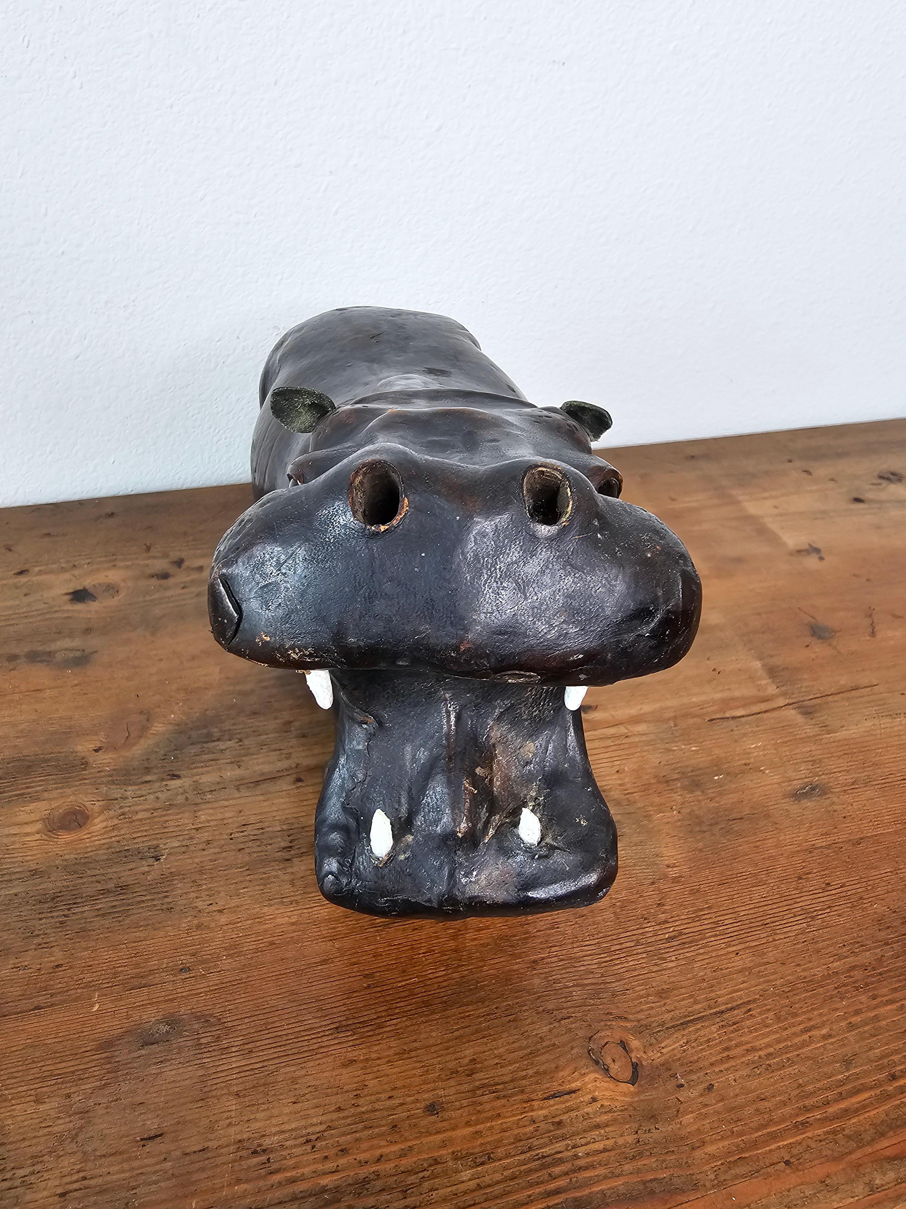 Antique European Leather Warpped Hippo Sculpture In Good Condition For Sale In Forney, TX