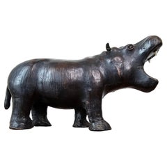 Antique European Leather Warpped Hippo Sculpture 