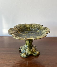 Antique European Majolica Compote with Ornate Relief and Green Glaze