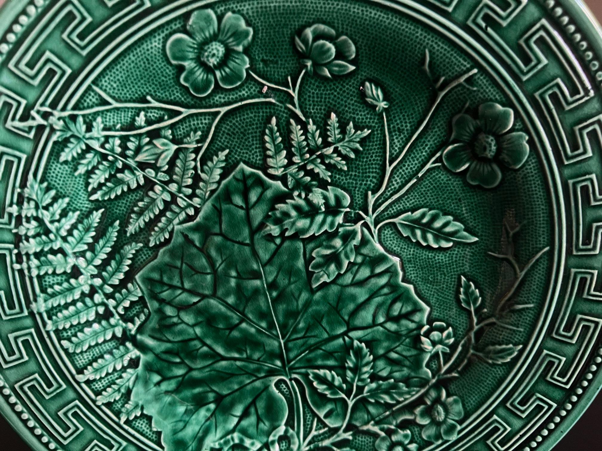 Antique European Majolica Fern & Leaf Plate With Greek Key Border- Set of 2 1