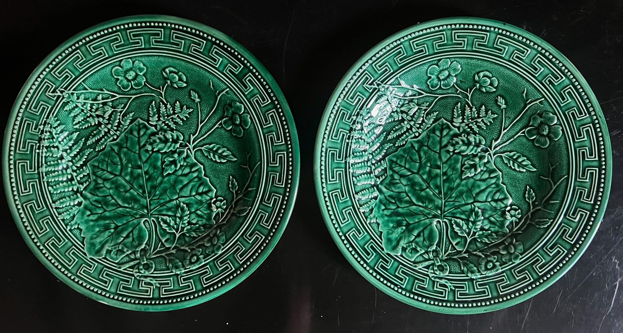 Antique European Majolica Fern & Leaf Plate With Greek Key Border- Set of 2 In Good Condition In Ross, CA