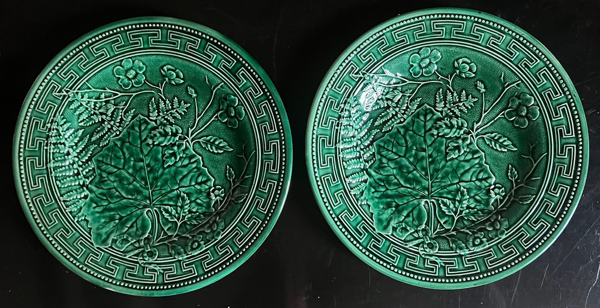 Early 20th Century Antique European Majolica Fern & Leaf Plate With Greek Key Border- Set of 2