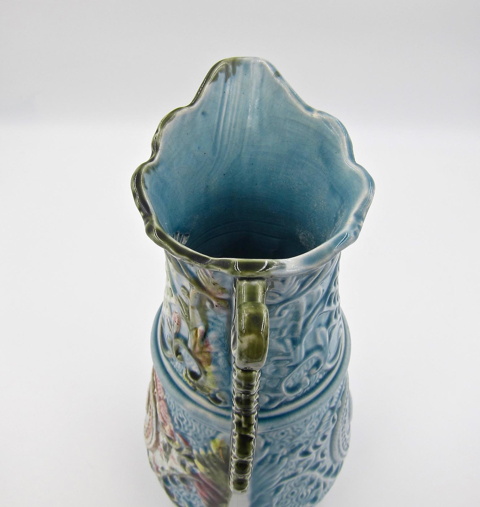 Ceramic Antique Continental Hand-Painted Majolica Pitcher Vase