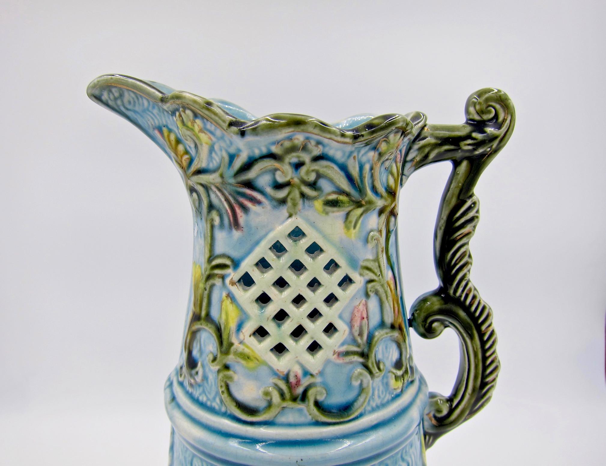 European Antique Continental Hand-Painted Majolica Pitcher Vase