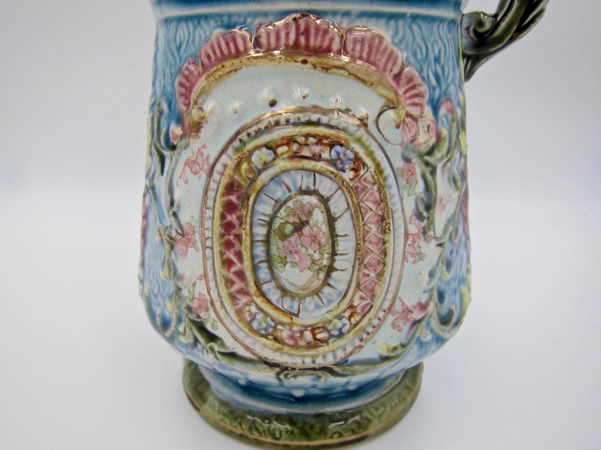 Glazed Antique Continental Hand-Painted Majolica Pitcher Vase