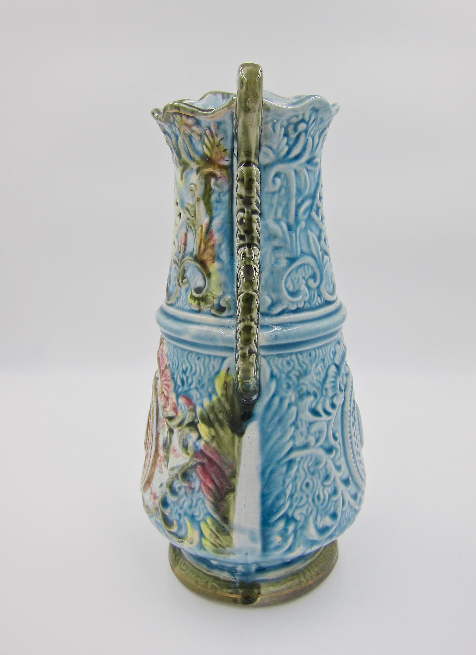 Antique Continental Hand-Painted Majolica Pitcher Vase In Good Condition In Los Angeles, CA