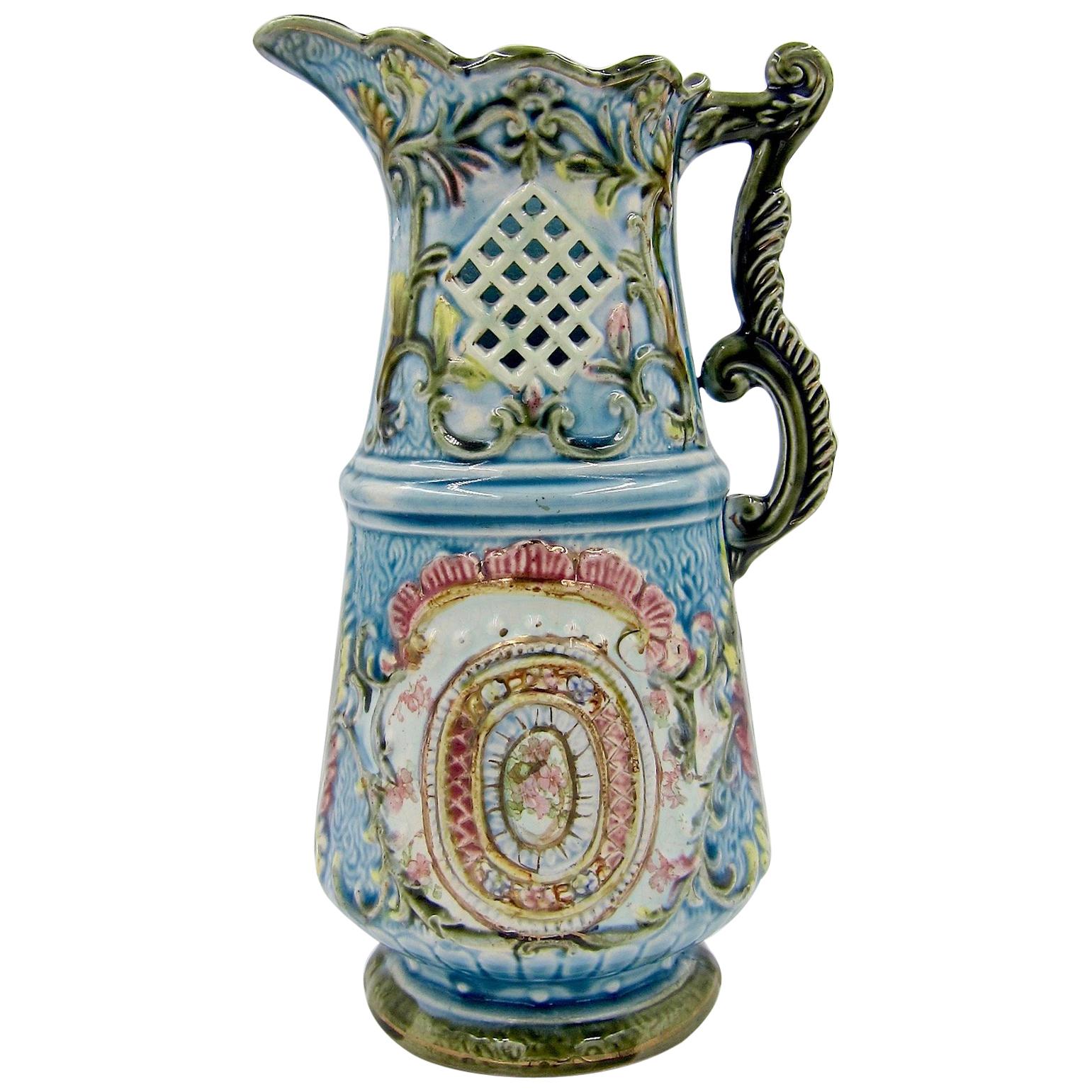 Antique Continental Hand-Painted Majolica Pitcher Vase