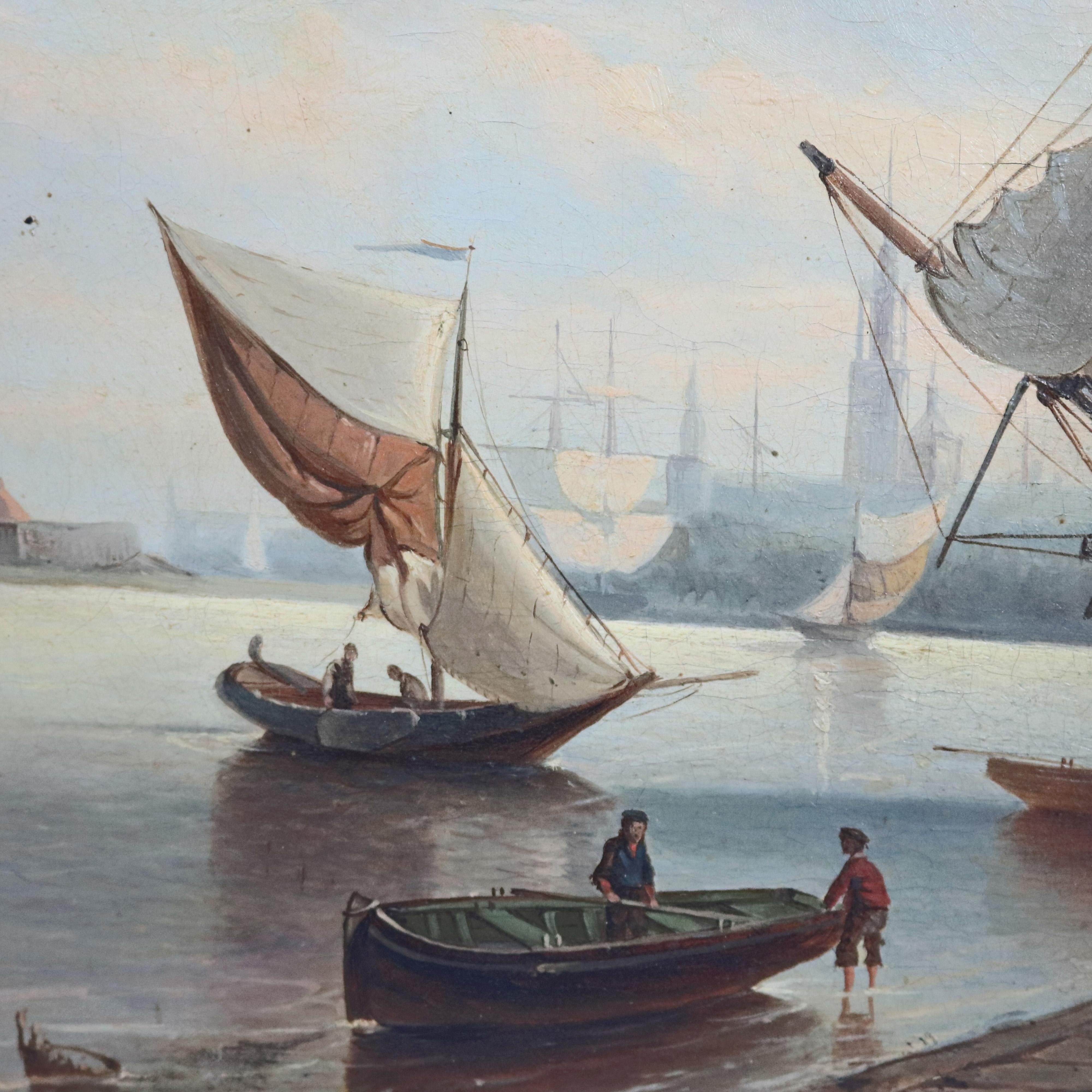 An antique European maritime oil on canvas painting depicts Colonial harbor scene with tall mast sailing ships, figures, horses and structures, 18th century

Measures - 16.75
