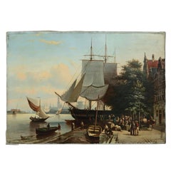 European Maritime Oil on Canvas Painting of Colonial Harbor Scene 18th Century