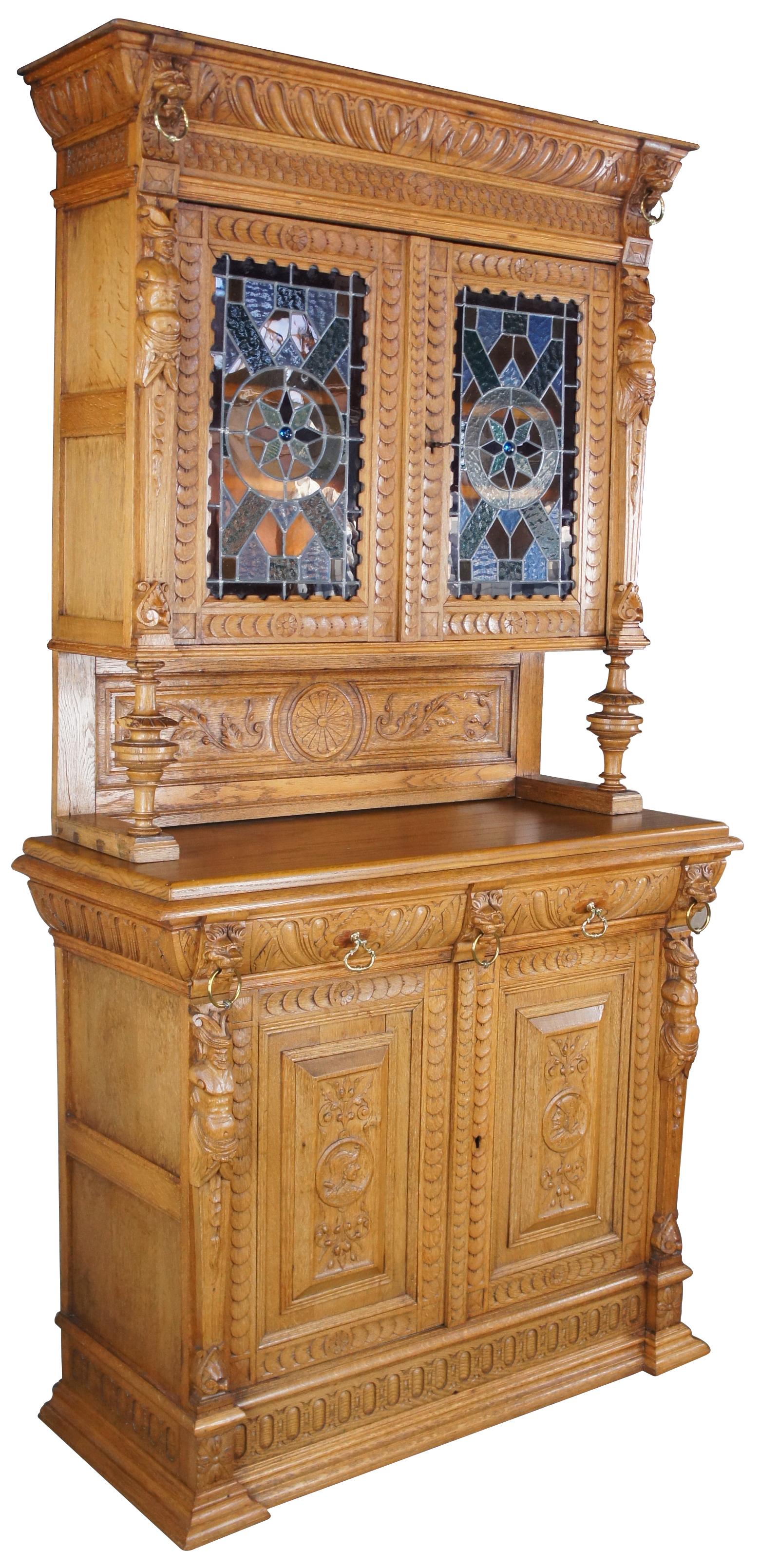 Néo-Renaissance Antiquité européenne Antiquities Oak Oak Hunt Display Cabinet Stained Glass 90